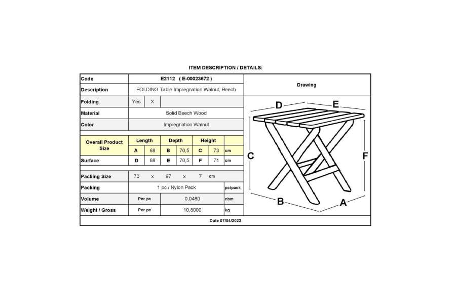 FOLDING Τραπέζι Βεράντας - Κήπου, Πτυσσόμενο, Οξιά, Βαφή Εμποτισμού Απόχρωση Καρυδί