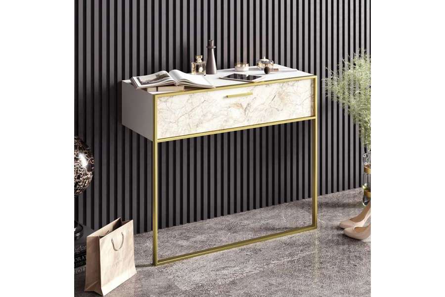 Κονσόλα Marble pakoworld χρώμα λευκό μαρμάρου-χρυσό 90x38,5x77εκ