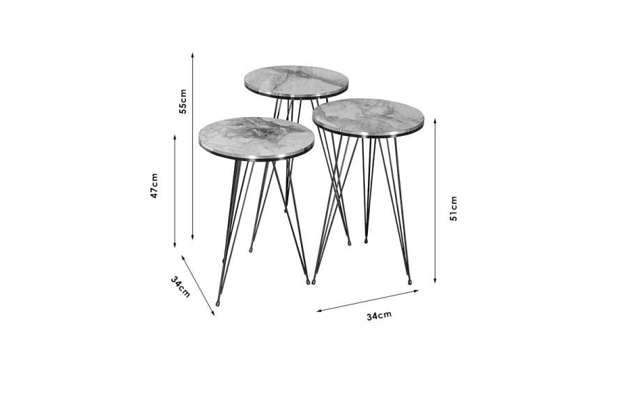Βοηθητικά τραπέζια Sebastian pakoworld σετ 3τεμ μαύρο μάρμαρου-χρυσό