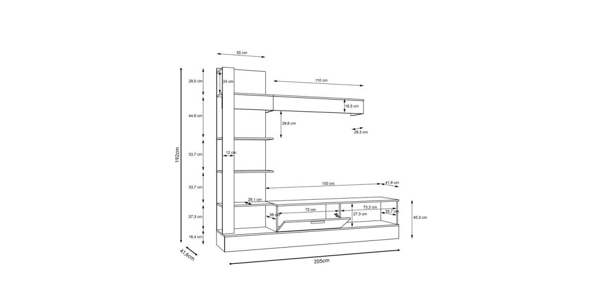 Σύνθετο σαλονιού Dranko pakoworld μαύρο-oak μελαμίνης 205x41.5x192εκ