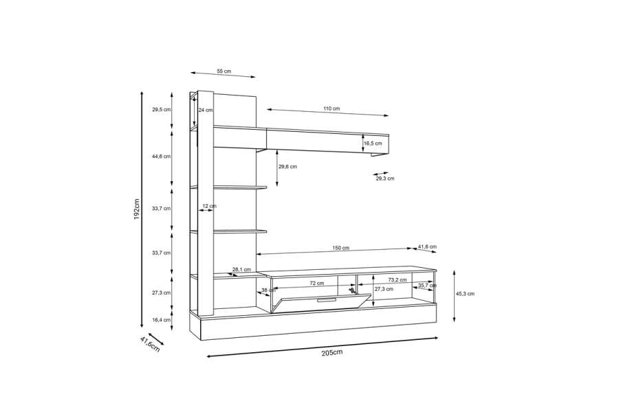 Σύνθετο σαλονιού Dranko pakoworld μαύρο-oak μελαμίνης 205x41.5x192εκ