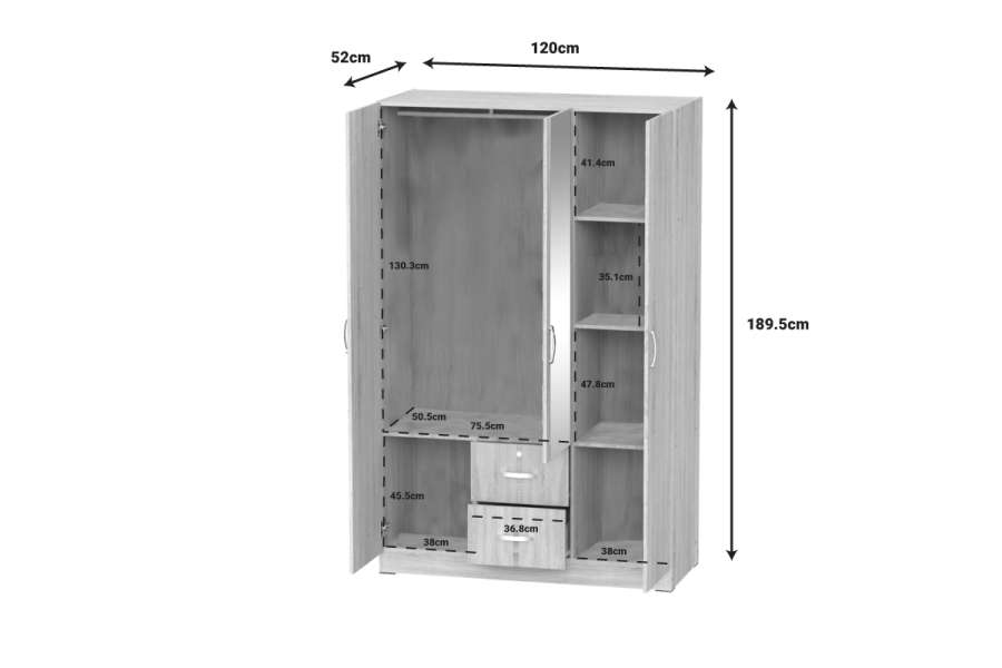 Ντουλάπα ρούχων τρίφυλλη Dillion pakoworld sonoma μελαμίνης 120x52x190εκ