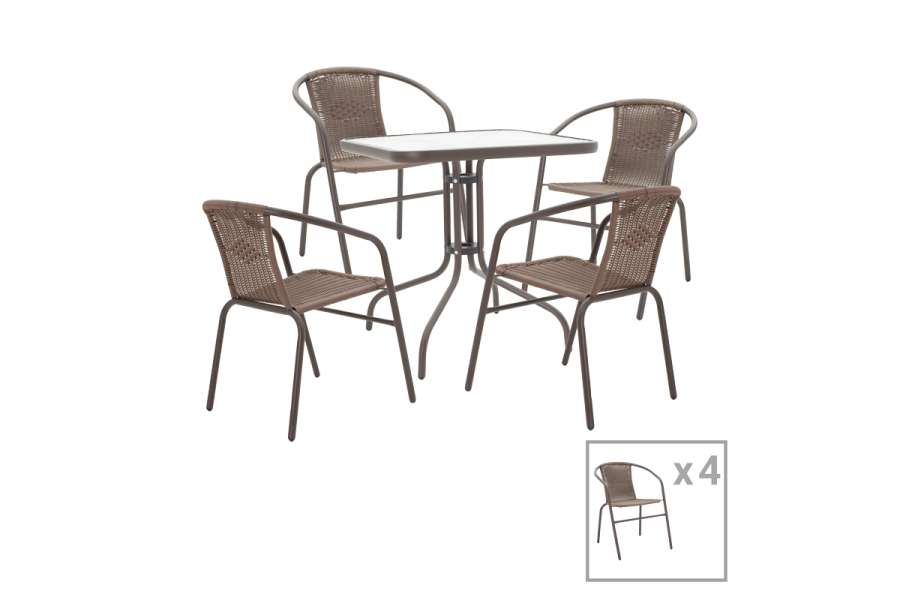 Tραπεζαρία Obbi-Watson pakoworld σετ 5τεμ καφέ μέταλλο-pe rattan 80x80x70εκ